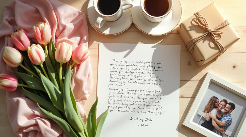 Elegantný flat-lay darček na Materinský deň: list, tulipány, vinyl, kávy
